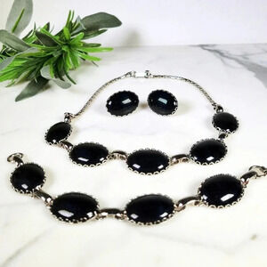 Vintage Black Necklace Set 3 Piece Parure Earrings Bracelet Silvertone 5…